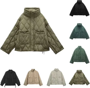 Womens Thickened Puffer Down Jacket Stand Collar Diamond Quilted Padded Coat Lightweight Warm Jackets with Pockets