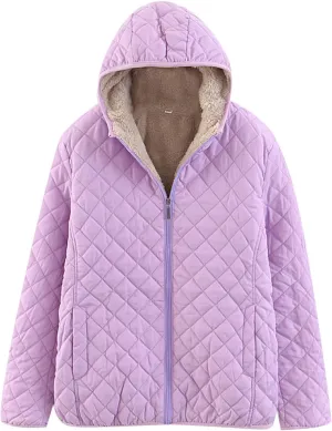 Womens Winter Quilted Lightweight Jacket Casual Hooded Long Sleeve Lined Fleece Coat Loose Comfy Daily Outing Outwear