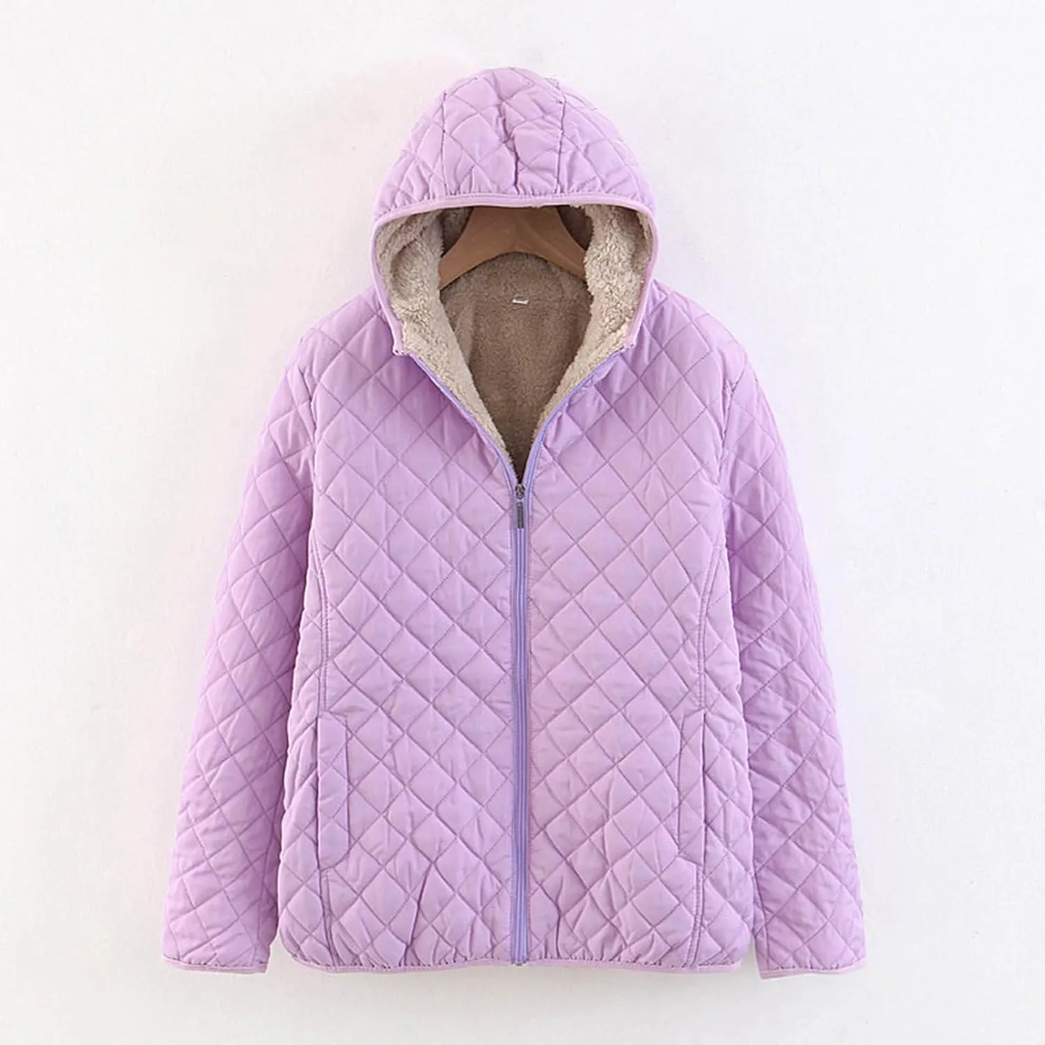Womens Winter Quilted Lightweight Jacket Casual Hooded Long Sleeve Lined Fleece Coat Loose Comfy Daily Outing Outwear