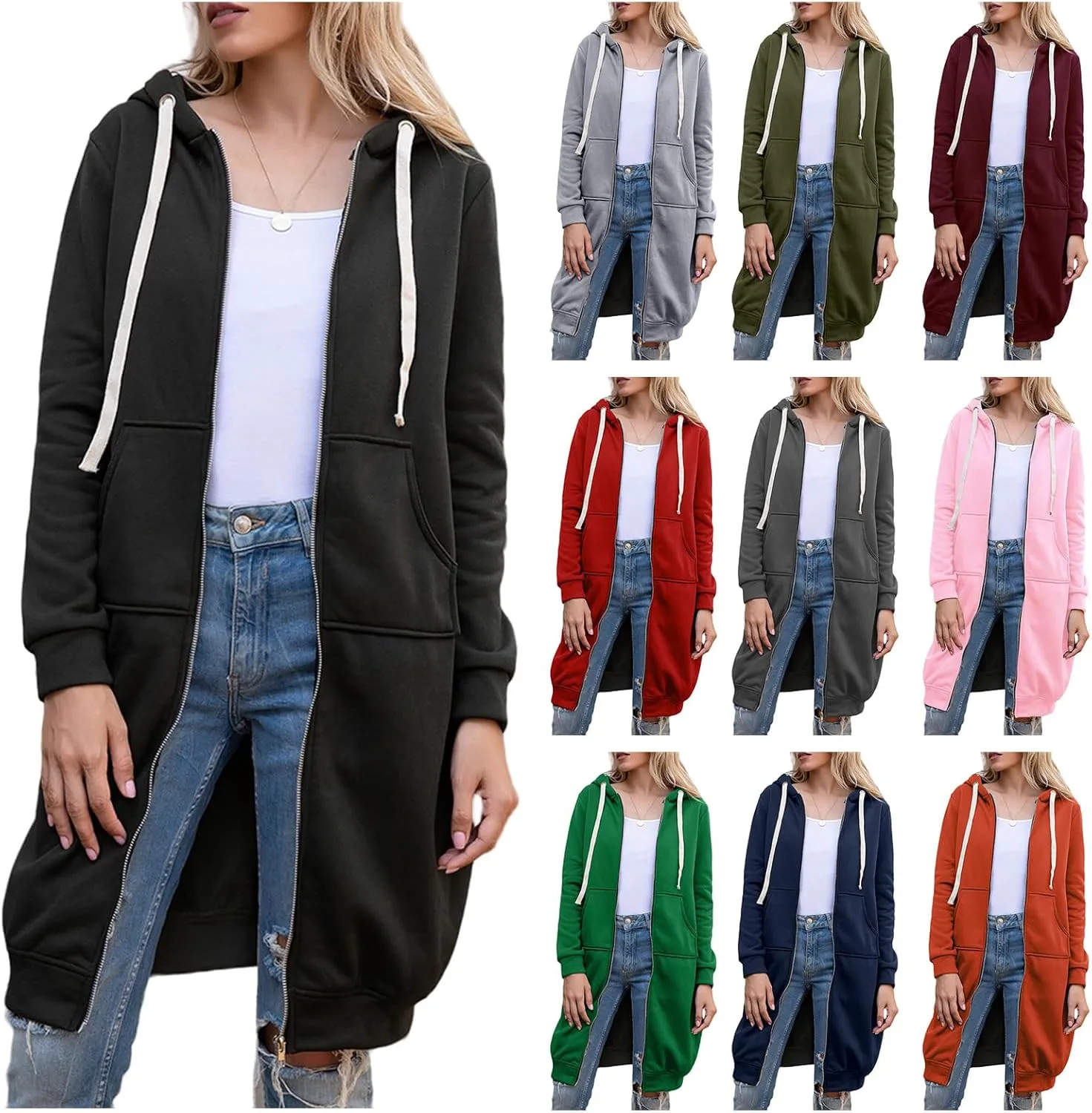 Womens Zip Up Hoodies Lightweight Fleece Jacket Long Sleeve Oversized Tunic Sweatshirt