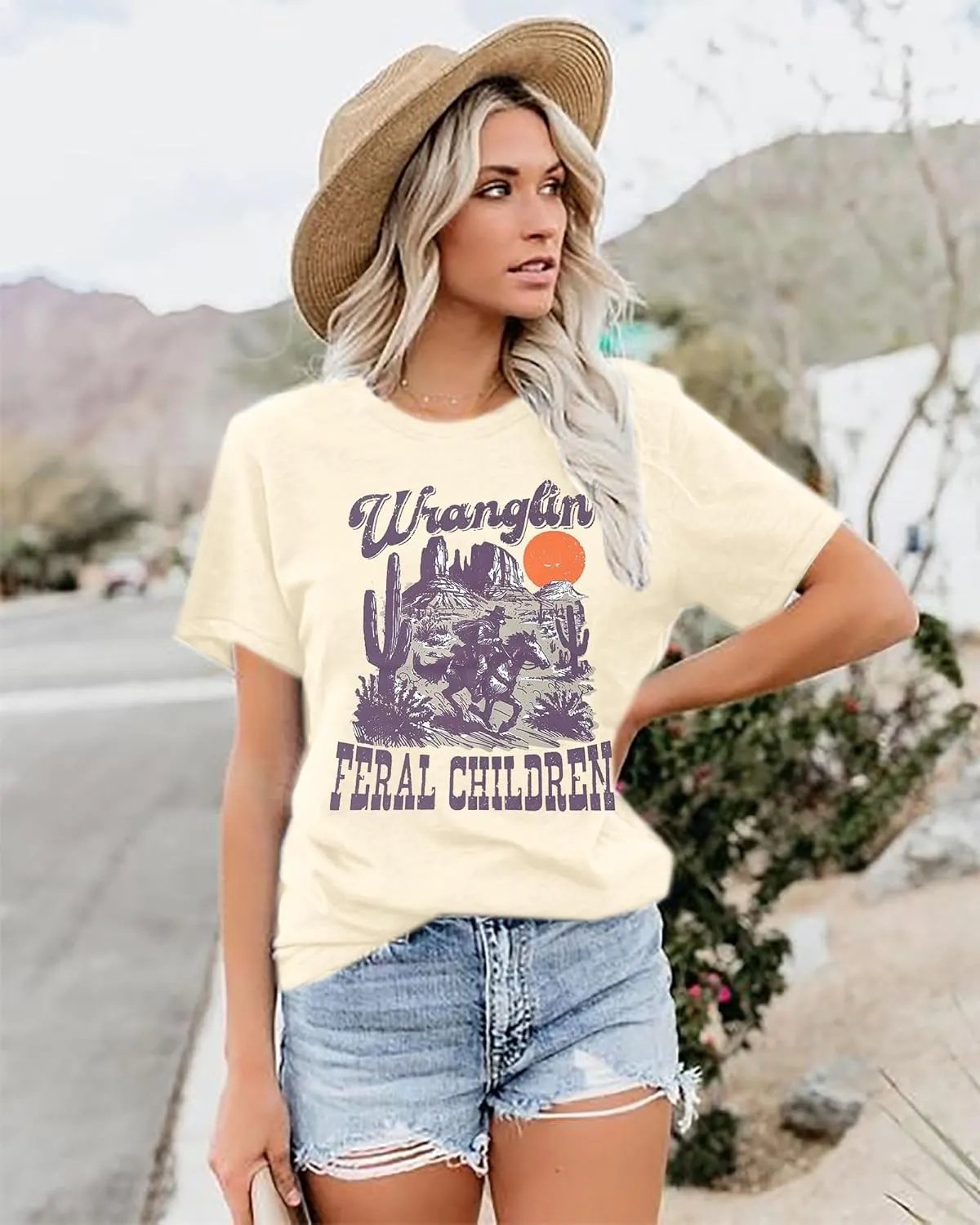 Wranglin' Feral Children Western Shirt Womens Western Cowboy Shirts Rodeo Outfits Vintage Western Graphic Tee Tops