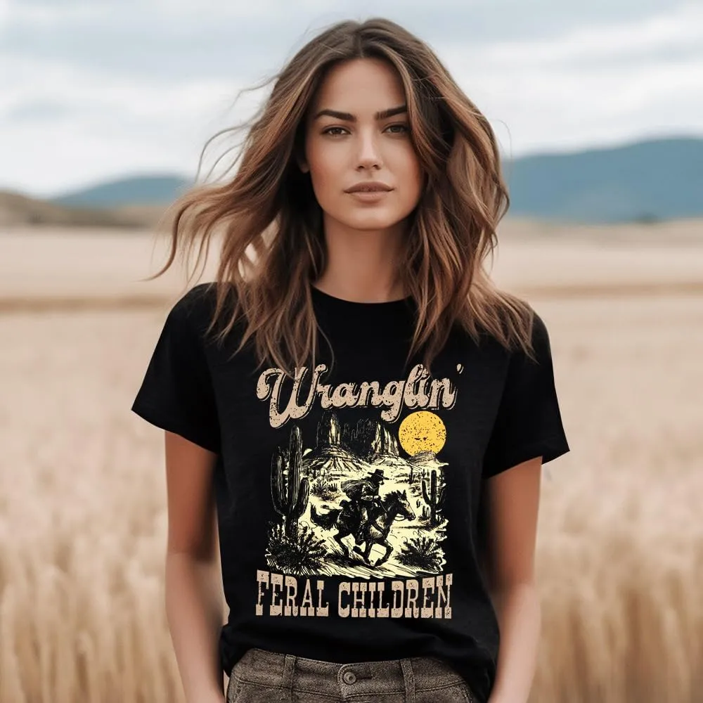 Wranglin' Feral Children Western Shirt Womens Western Cowboy Shirts Rodeo Outfits Vintage Western Graphic Tee Tops