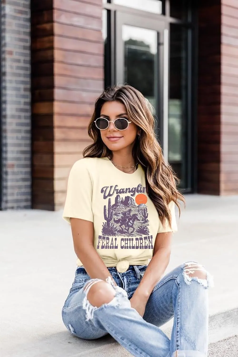 Wranglin' Feral Children Western Shirt Womens Western Cowboy Shirts Rodeo Outfits Vintage Western Graphic Tee Tops