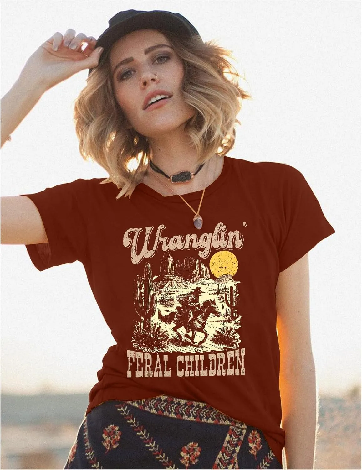 Wranglin' Feral Children Western Shirt Womens Western Cowboy Shirts Rodeo Outfits Vintage Western Graphic Tee Tops