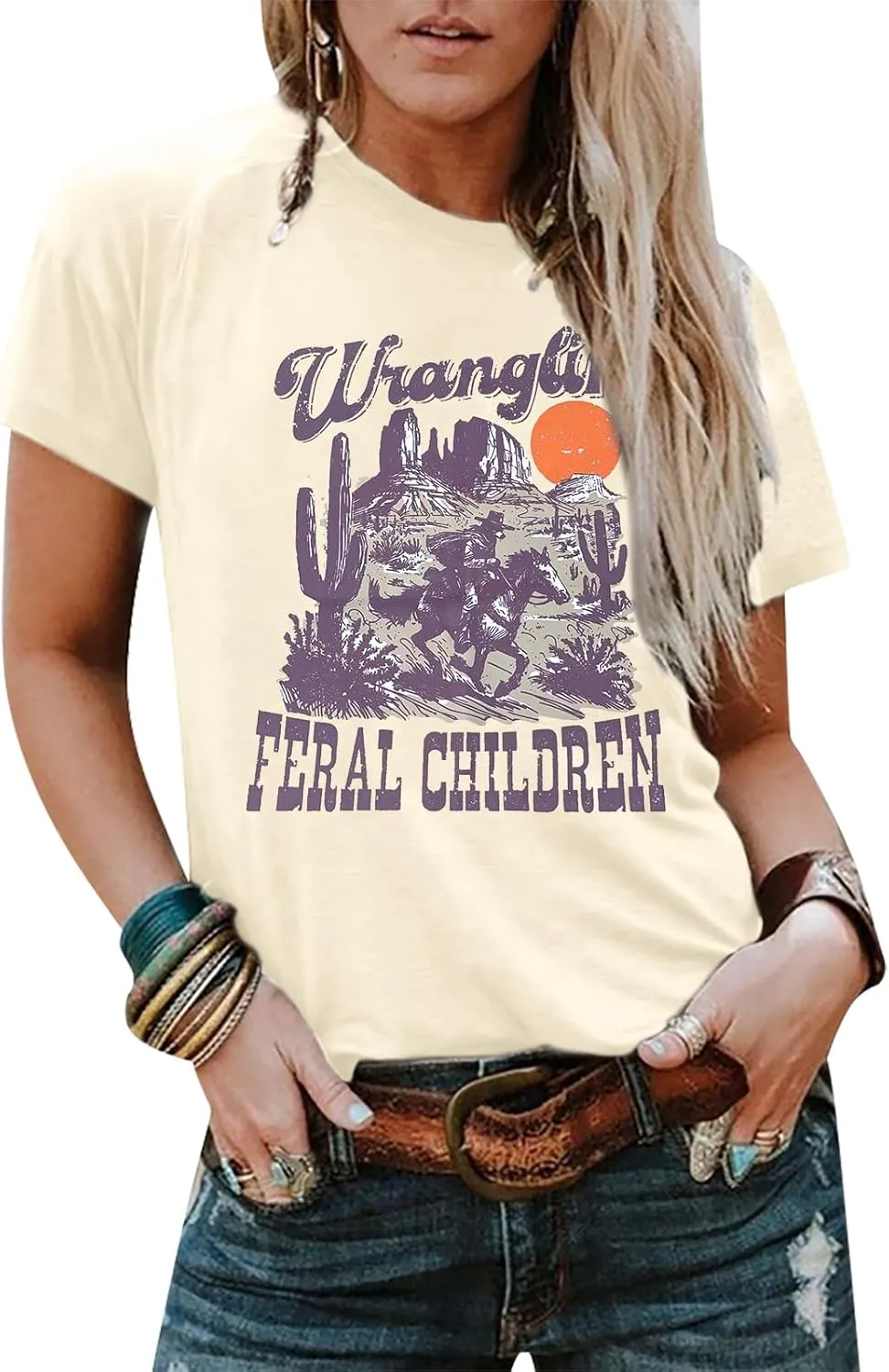 Wranglin' Feral Children Western Shirt Womens Western Cowboy Shirts Rodeo Outfits Vintage Western Graphic Tee Tops