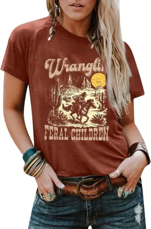 Wranglin' Feral Children Western Shirt Womens Western Cowboy Shirts Rodeo Outfits Vintage Western Graphic Tee Tops