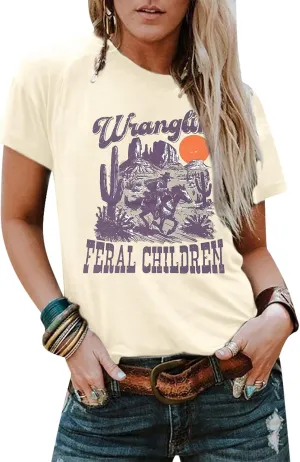 Wranglin' Feral Children Western Shirt Womens Western Cowboy Shirts Rodeo Outfits Vintage Western Graphic Tee Tops