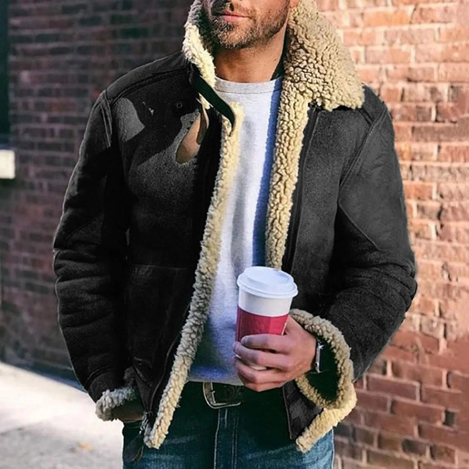 WUAI-Men Long Sleeve Sherpa Lined Suede Jackets Cardigan Open Front Zip Up Heavyweight Thermal Winter Warm Windbreakers
