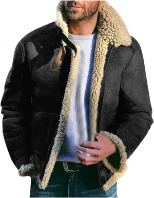 WUAI-Men Long Sleeve Sherpa Lined Suede Jackets Cardigan Open Front Zip Up Heavyweight Thermal Winter Warm Windbreakers