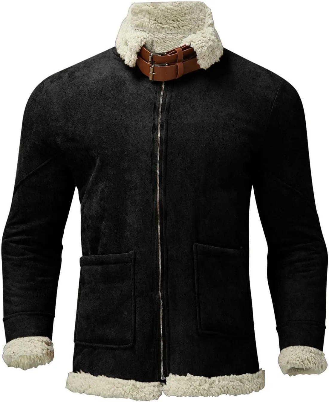 WUAI-Men Long Sleeve Sherpa Lined Suede Jackets Cardigan Open Front Zip Up Heavyweight Thermal Winter Warm Windbreakers
