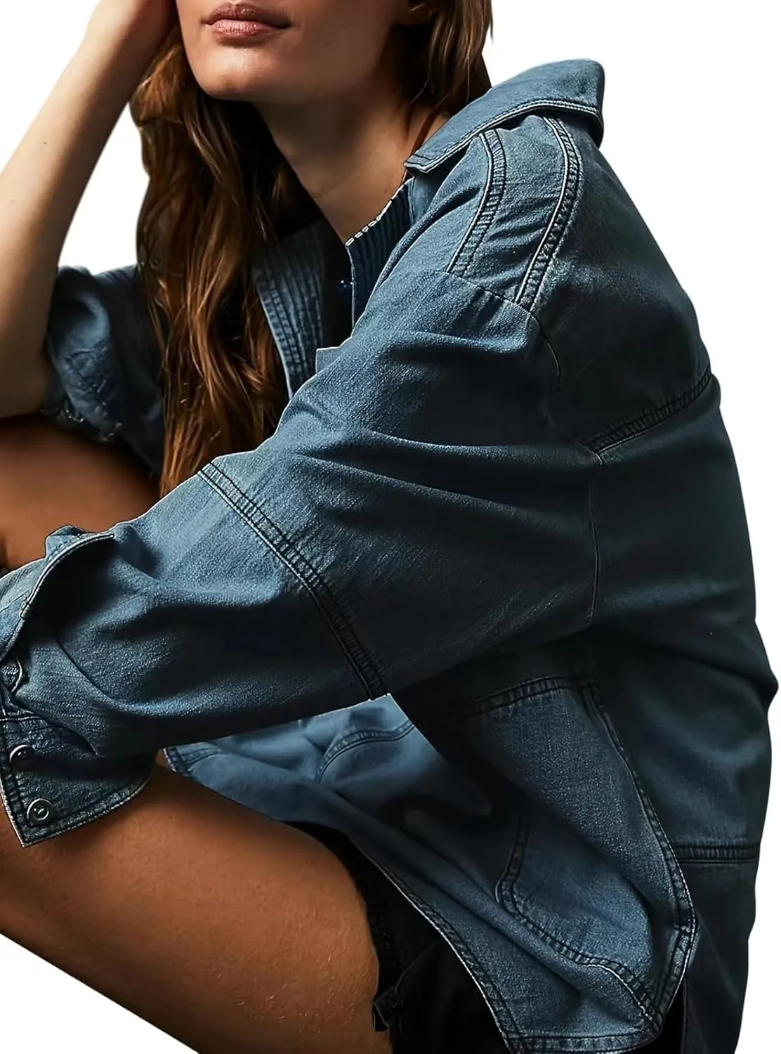 yoeasy Women's Denim Pullover Oversized V Neck Jean Shirt Loose Fit Long Sleeve Denim Jacket With Pocket